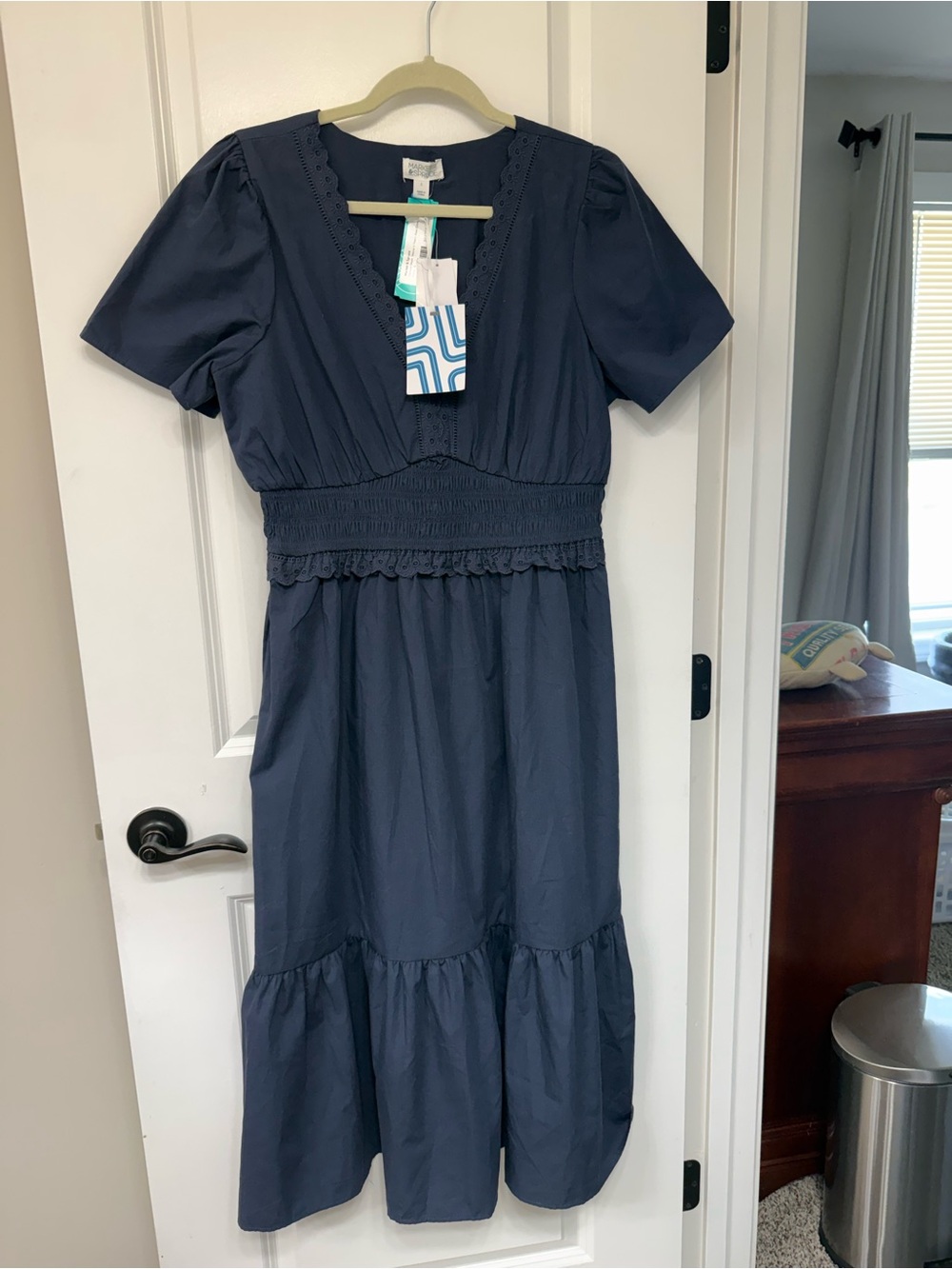 NWT Market & Spruce Navy Blue Smocked Waist tiered Midi Dress, L